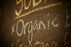 word "organic" written in chalk on a chalkboard menu