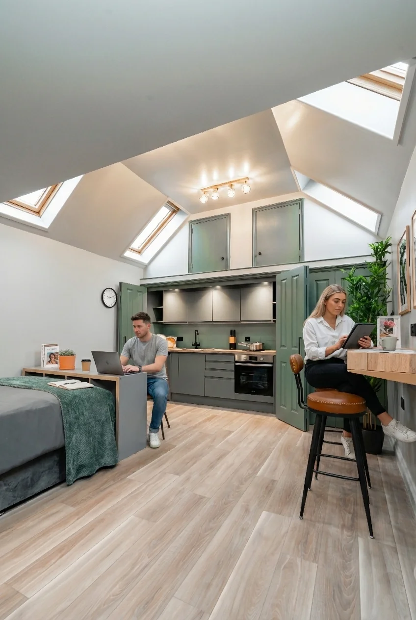 Residents working remotely in a bright co-living studio space, with one person at a desk and another at a breakfast bar.