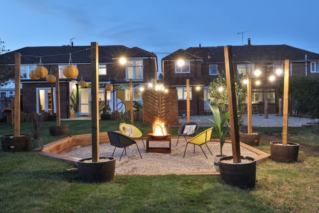 outdoor communal space with a bonfire