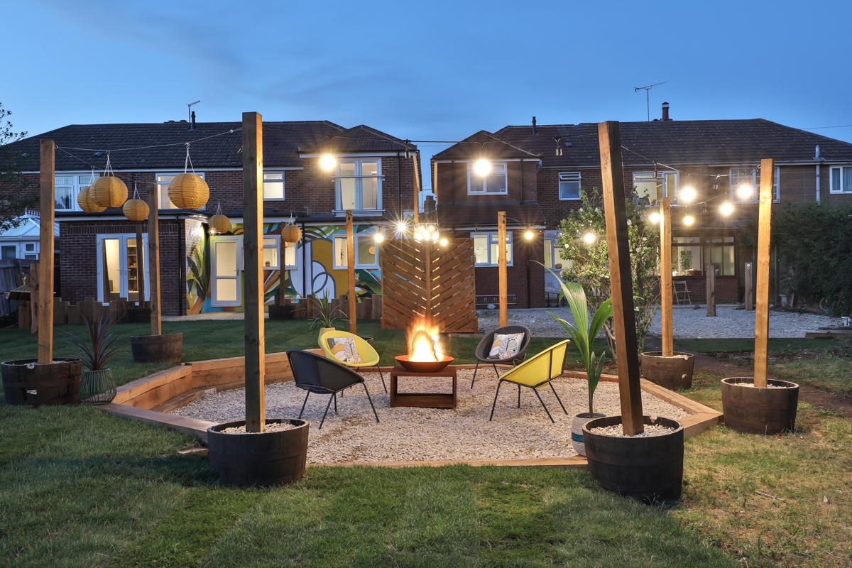 outdoor communal space with a bonfire