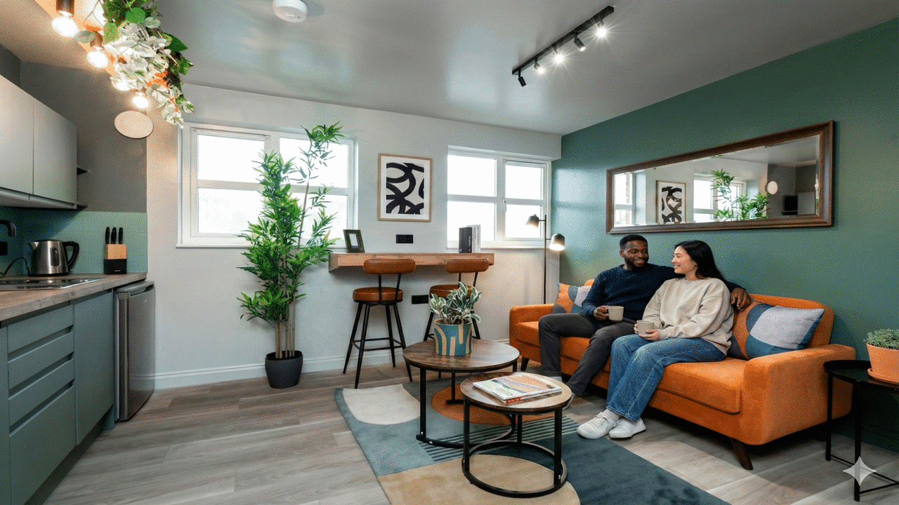 Relocating couple relaxing with hot drinks in their bright Bicester home after completing their airport journey from London