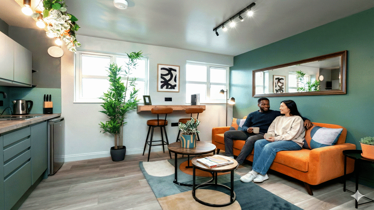 Young professional couple enjoying a stylish coliving apartment in Bicester
