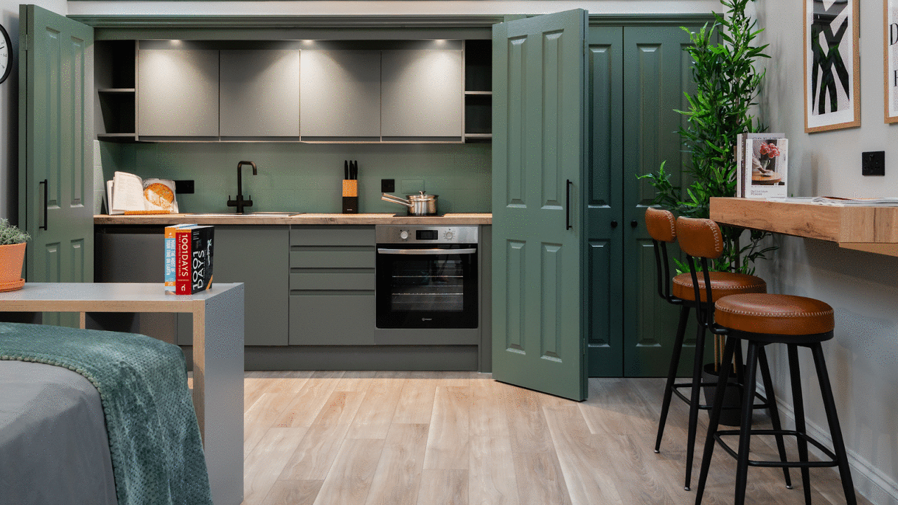 Smart compact studio with fold-away kitchenette, ideal for moving light with minimal belongings