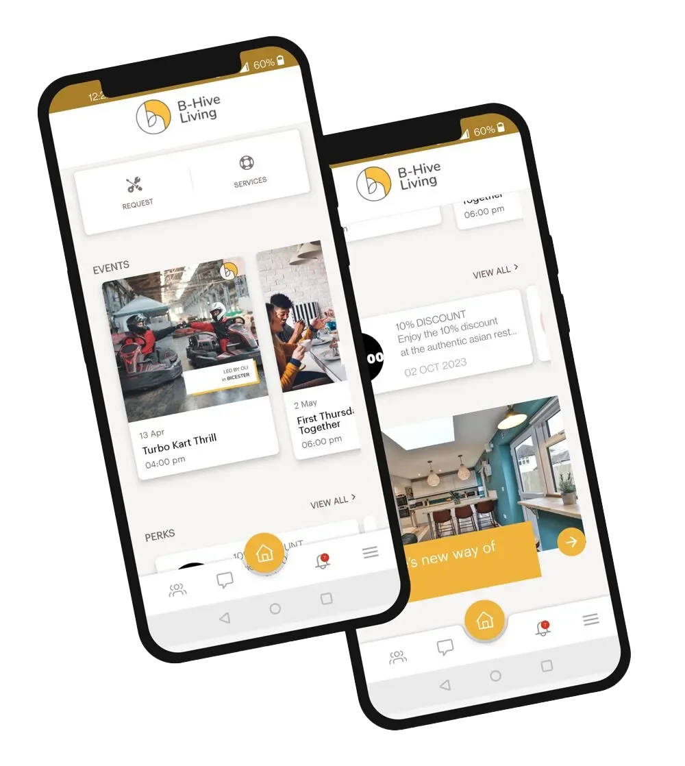 Mockup of two smartphones displaying the B-Hive Living mobile app interface, featuring features like service requests, community events, and a clean white and yellow user interface.