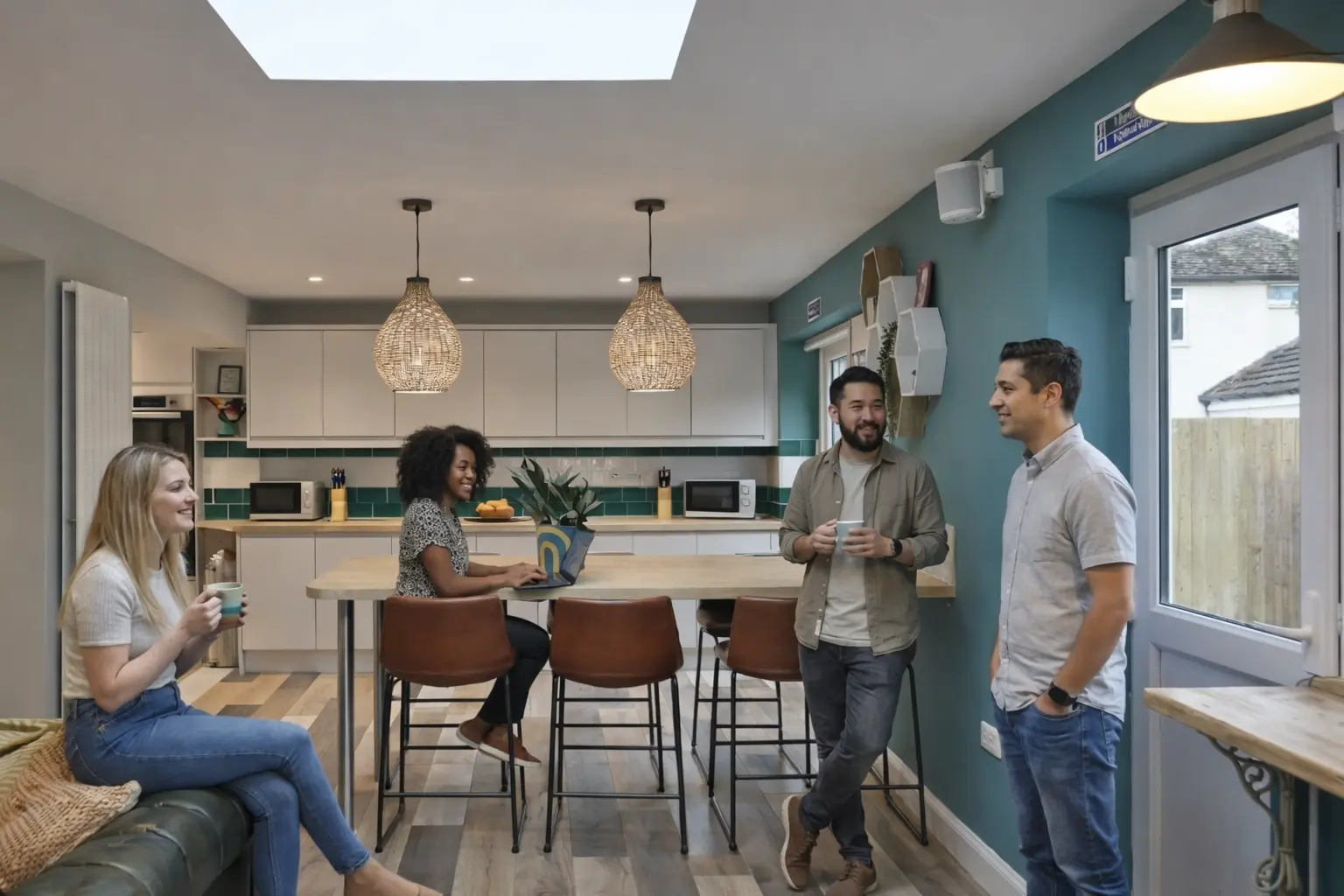 Coliving resident working on laptop in a shared kitchen and dining space in Bicester
